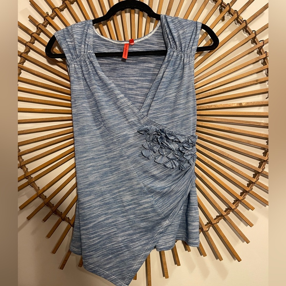 Anthropologie One September Blue Sleeveless Top Asymmetrical Floral Appliqué  S